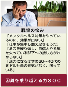 【職場の悩み】「メンタルヘルス対策をやっているのに、効果が出ない」「仕事が集中し燃え尽きそうだ」「ミスを繰り返し、自信とやる気を失っている部下への接し方がわからない」「活力になるはずの30～40代のミドル社員の元気がなく、困っている」⇒困難を乗り越える力SOC